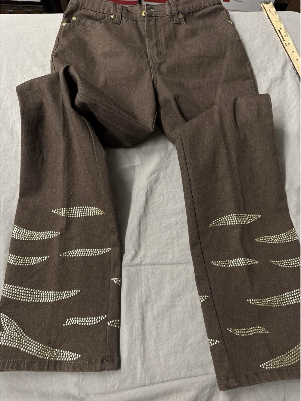 Diane Gilman Jeans Brown Gold Embellished Bootcut Mid Rise Size 8T - Picture 5 of 7